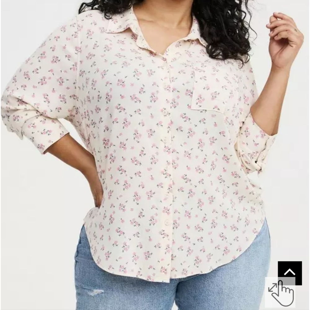 NWOT Torrid Cream Lizzie Button-Down Shirt with Pink Floral Print